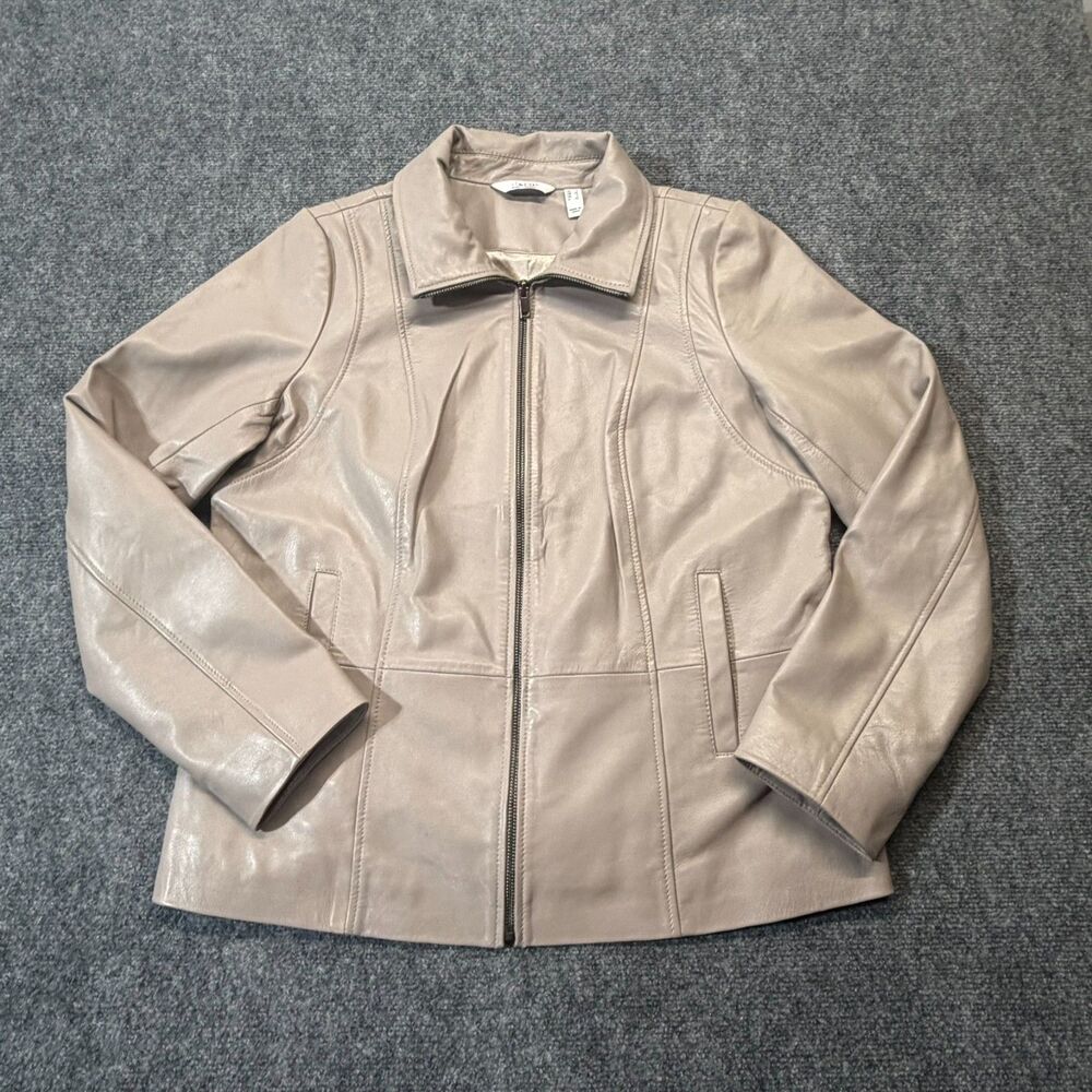 D&Co Women L Genuine Leather Jacket Taupe Beige Zip Front Minimalist Moto